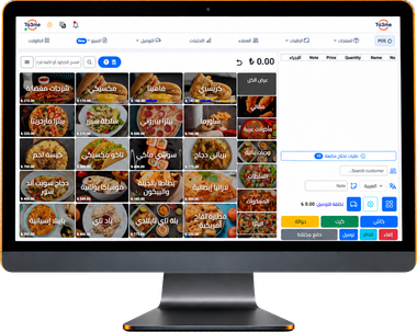 The point-of-sale screen: dishes with photos and prices, with the open order and its total beside them.